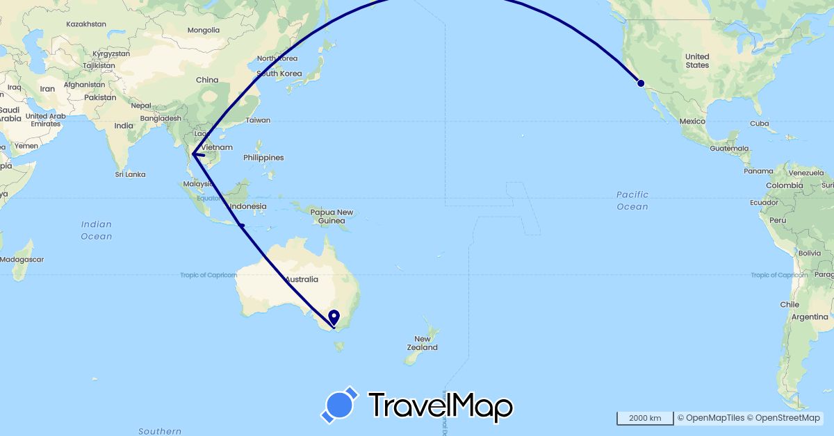 TravelMap itinerary: driving, plane in Australia, Indonesia, Cambodia, Thailand, United States (Asia, North America, Oceania)